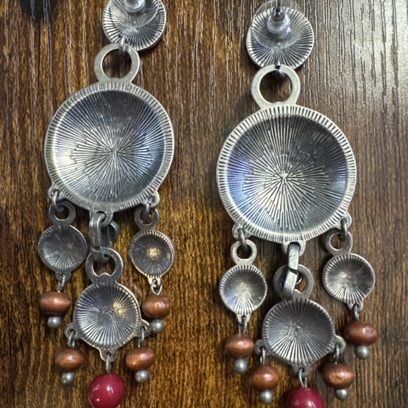 Silver Tone Large Chunky Statement Earrings Blue Brown Red Chandelier Cocktail - Picture 3 of 3